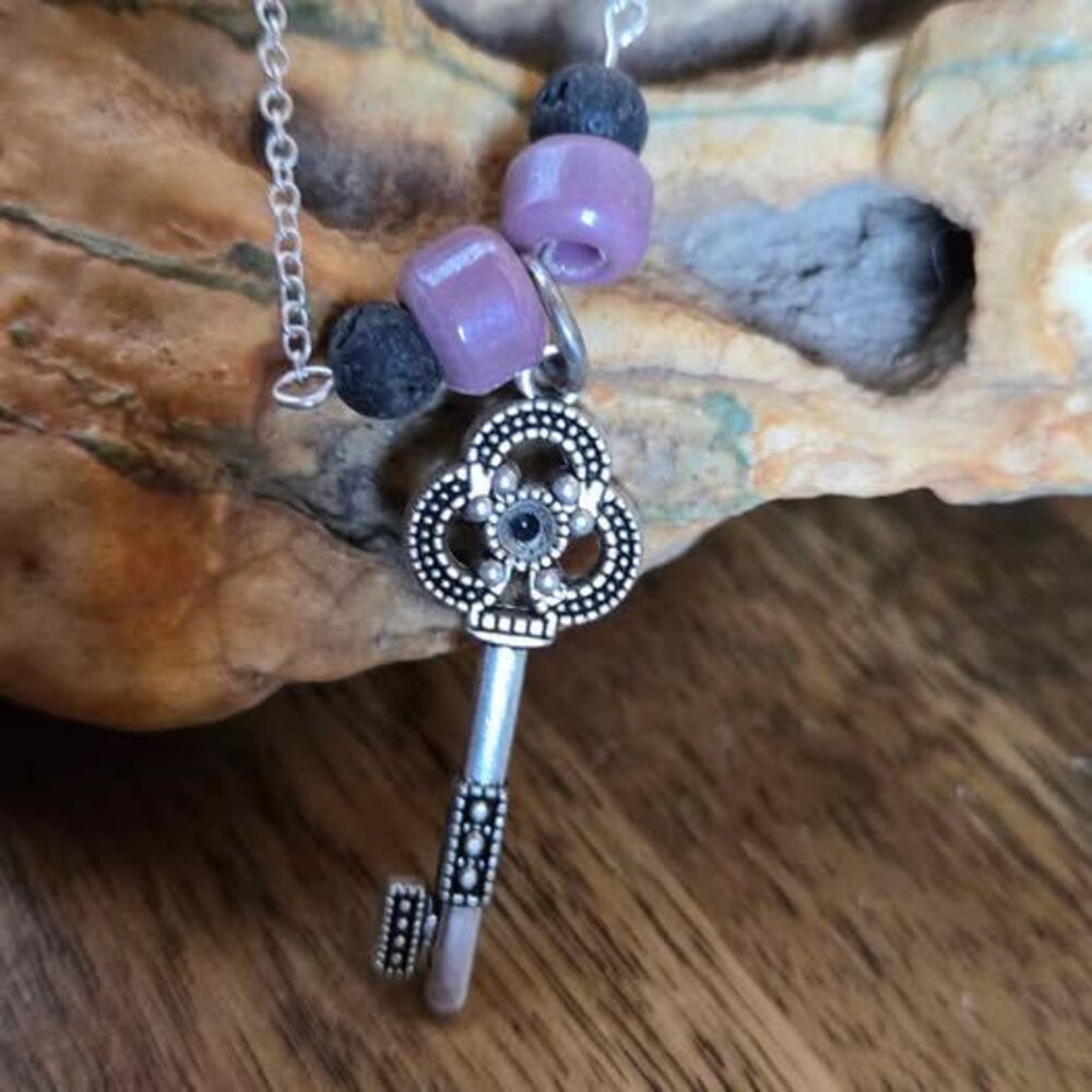 Necklace with Ornate Skeleton Key & Lavender Beads | 18" Silver Tone